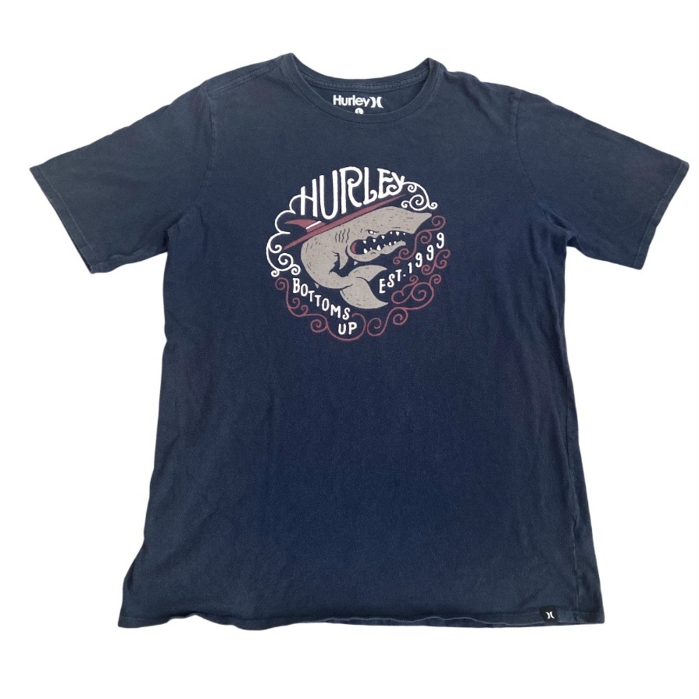 Hurley “Bottoms Up” Navy Blue Shark Graphic Tee Size L